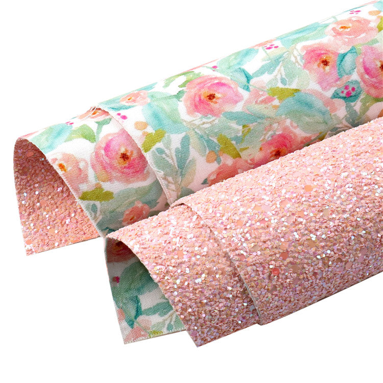 Pink Floral & Glitter Double Sided Vegan Leather